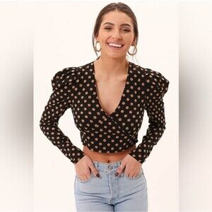 Minkpink Ayat Polka Dot Wrap Long Sleeve Cropped Top Revolve Black Size Small